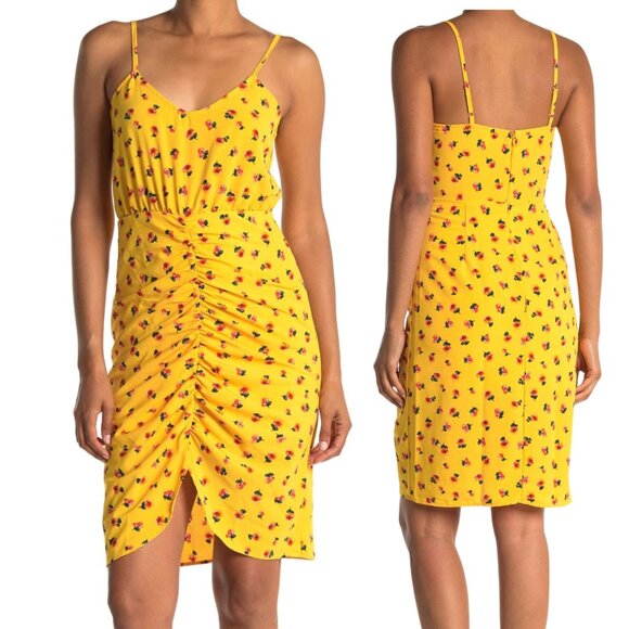 Abound Dresses & Skirts - Women's Ruched Front Mini V-Neck Yellow w/ Floral Pattern Dress Small NWT